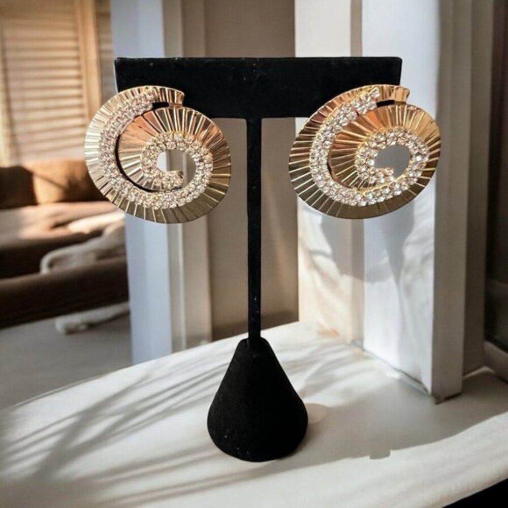 Ashley Stewart Gold Spiral Statement Earrings Crystal Accents Bold Circular Chic